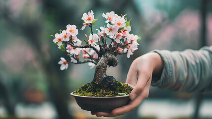 Person holding a blooming bonsai cherry tree