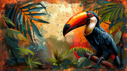 Multicolored toucan, tropical pattern with jungle vegetation and exotic fauna in bright colors