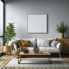 Interior of modern living room with white sofa. coffee table and plant. Mock up poster frame. 3d render