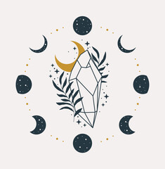 Mystical moon with crystal, stars and herb. Hand drawn astrology symbol. For print for T-shirts and bags, decor element.
