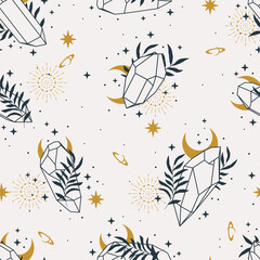 Vector magic seamless pattern with crystals, moon, plants and stars. Mystical esoteric background for design of fabric, packaging, astrology, phone case, wrapping paper. White color.