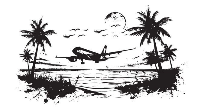 Summer illustration, palm tree, sea, sun, hand drawn style	
