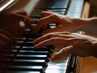 Hands on Piano in Dim Light