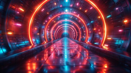 Futuristic sci-fi tunnel with neon lights - obrazy, fototapety, plakaty