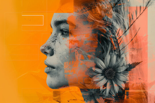 Abstract Orange Double Exposure Portrait with Floral Elements