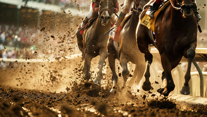 Primer plano de parte de unos caballos durante una carrera  en el derby de Kentucky, levantando tierra y montados por jockeys, sobre fondo desenfocado de la grada del hipódromo llena de público - obrazy, fototapety, plakaty