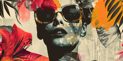 Vibrant Collage Art Portrait of Woman with Sunglasses and Tropical Leaves