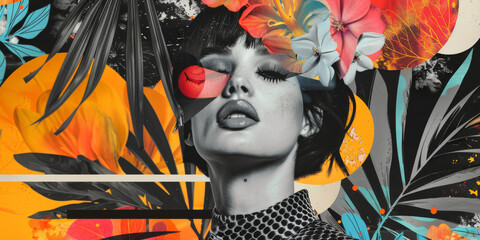 Abstract Beauty: Woman with Floral Graphics and Monochrome Contrast