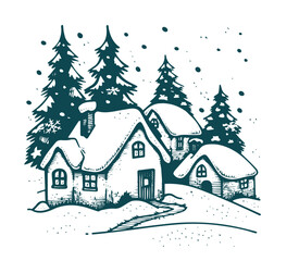 Christmas home and tree, Sketch, Pictogram Art, Black on white image	
