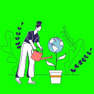 Earth Day: Flat Design 2D Animation Featuring a Woman Watering the Earth - Land Conservation & Sustainability Concept