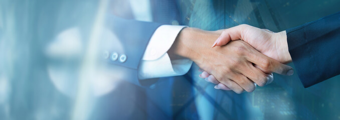 Business handshake with partnership, greeting, dealing, city business background, teamwork and...