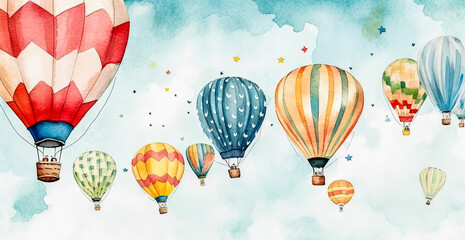 Naklejka premium A colorful hot air balloon with a blue and white stripe is flying in the sky