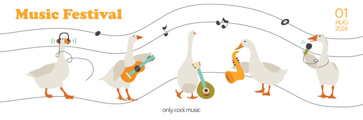 Vector music banner with funny geese. Flyer design for musical festival, classes or concert. Flat cute musician characters. 