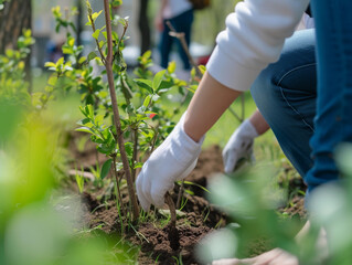 Fototapeta premium Young volunteer planting sapling in park