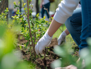 Young volunteer planting sapling in park