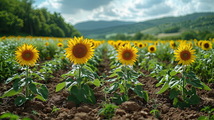 field of sunflower field in the mountains