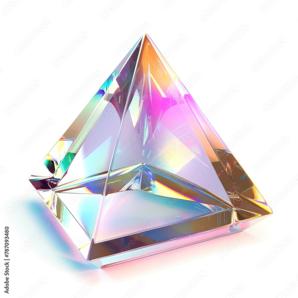 Poster pyramidal structure with an iridescent finish reflects a spectrum of colors,
