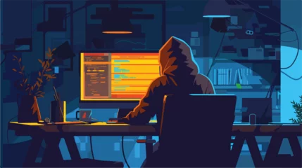 Foto op Canvas A mysterious hacker thief sits at a computer © Nobel