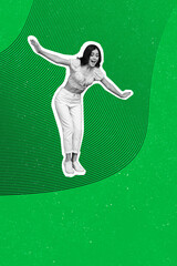 Contemporary design artwork collage of funky young woman illusion monochrome falling down into abyss isolated on green color background