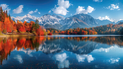 beautiful mountain lake with clear sky in water reflection  - obrazy, fototapety, plakaty