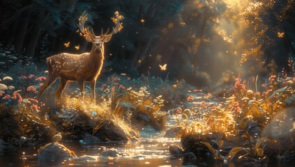 A deer gracefully stands beside a tranquil river in a picturesque natural landscape, with birds...