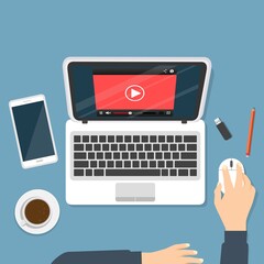 Video sull'illustrazione   del laptop, schermo piatto del computer cartone animato webinar online concept top view, idea di visione tutorial, e-learning, - illustrazioni