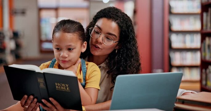 Woman, child and bible with library, faith and reading for future growth and knowledge. Teacher, kid and smile with help, development and english education for creativity and religion learning