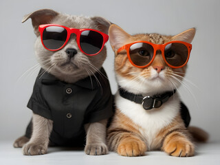 funny litllte dog and cat playing  wear black sun glasses at white background