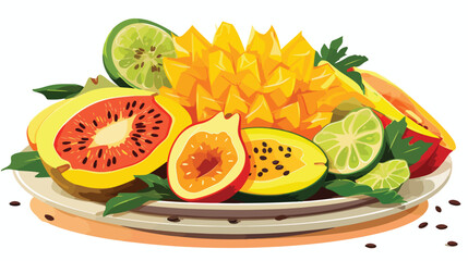 A plate of tropical fruits including papaya mango 
