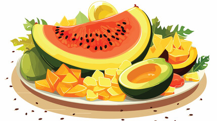A plate of tropical fruits including papaya mango 
