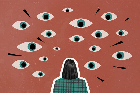 Composite photo collage of young girl stand back creepy pile eyes spy stare stalker observe privacy isolated on painted background