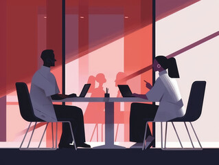 Two silhouetted people sitting at a table, working on laptops in a modern office setting with a warm color palette.