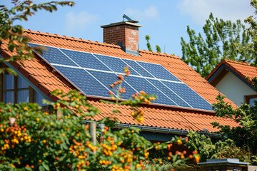 Solar Panel Rooftop House Electricity Buiding Roof with Wild mill
 - obrazy, fototapety, plakaty