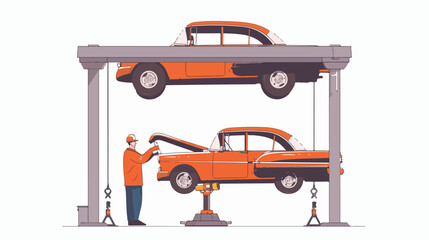 Mechanic standing under underbody and repairing a car