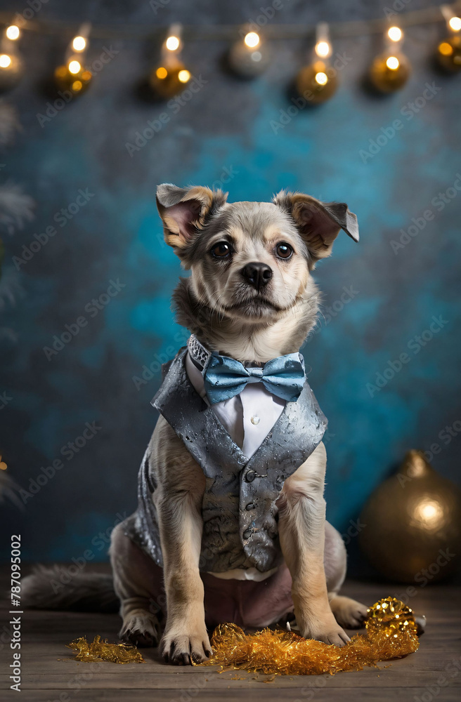 Wall mural Dog with a butterfly on a blue background, holiday background. Holiday concept.