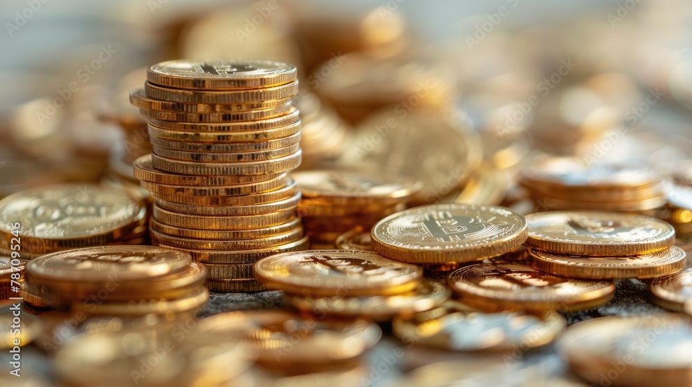 Poster An array of golden Bitcoin coins arranged on a reflective surface, highlighting cryptocurrency