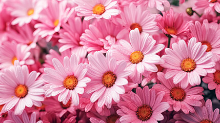 A field of white daisies with a pinkish hue.