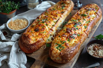 Baked Baguette. French bread pizza on a wooden cutting board