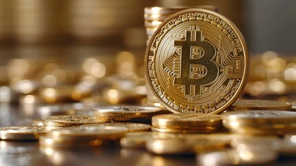 An array of golden Bitcoin coins arranged on a reflective surface, highlighting cryptocurrency