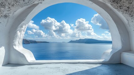 View of the sea from the house through the arch, Santorini island, Greece.