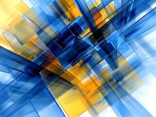 Futuristic blue and yellow geometric interface background, in glas blurred style, modern backdrop