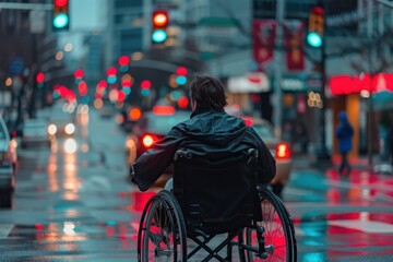 Disabled person in wheelchair crossing rainy street with traffic lights in background on urban road
