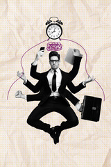 Vertical illustration collage of young businessman in formalwear balance between all tasks time...