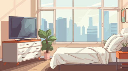 Modern bedroom interior with tv on wall. Vector 