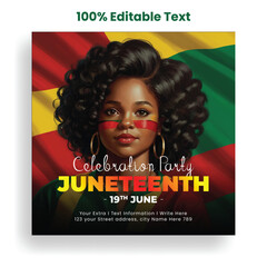 Juneteenth celebration party social media and Instagram post banner ads with africa american attractive girl illustration, africa american black history month, emancipation day on 19th June design