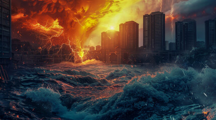 A city is being destroyed by a massive wave - obrazy, fototapety, plakaty