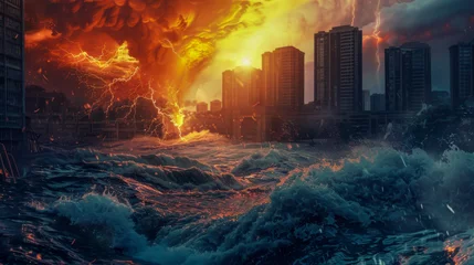 Foto op Canvas A city is being destroyed by a massive wave © Napat