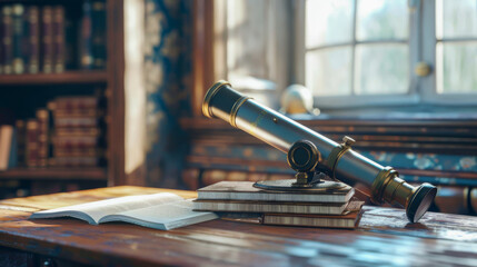 A telescope is on a desk next to a book