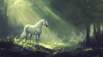 A unicorn stands in a forest with sunlight shining on it - obrazy, fototapety, plakaty