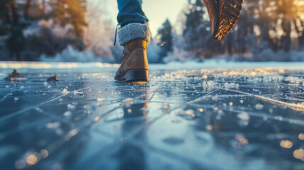 A person is walking on a frozen lake wearing boots